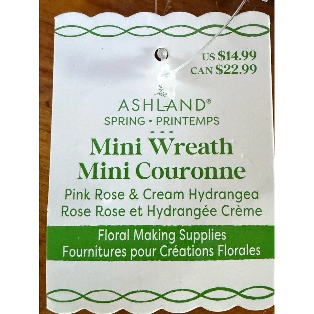 Ashland Mini Wreath Faux Pink Rose & Cream Hydrangea Floral Approx 7.5” Spring